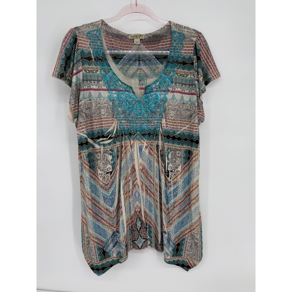 One‎ World Women Short Sleeve Mixed Print Embroidered V-Neck Sharkbite Top Sz XL